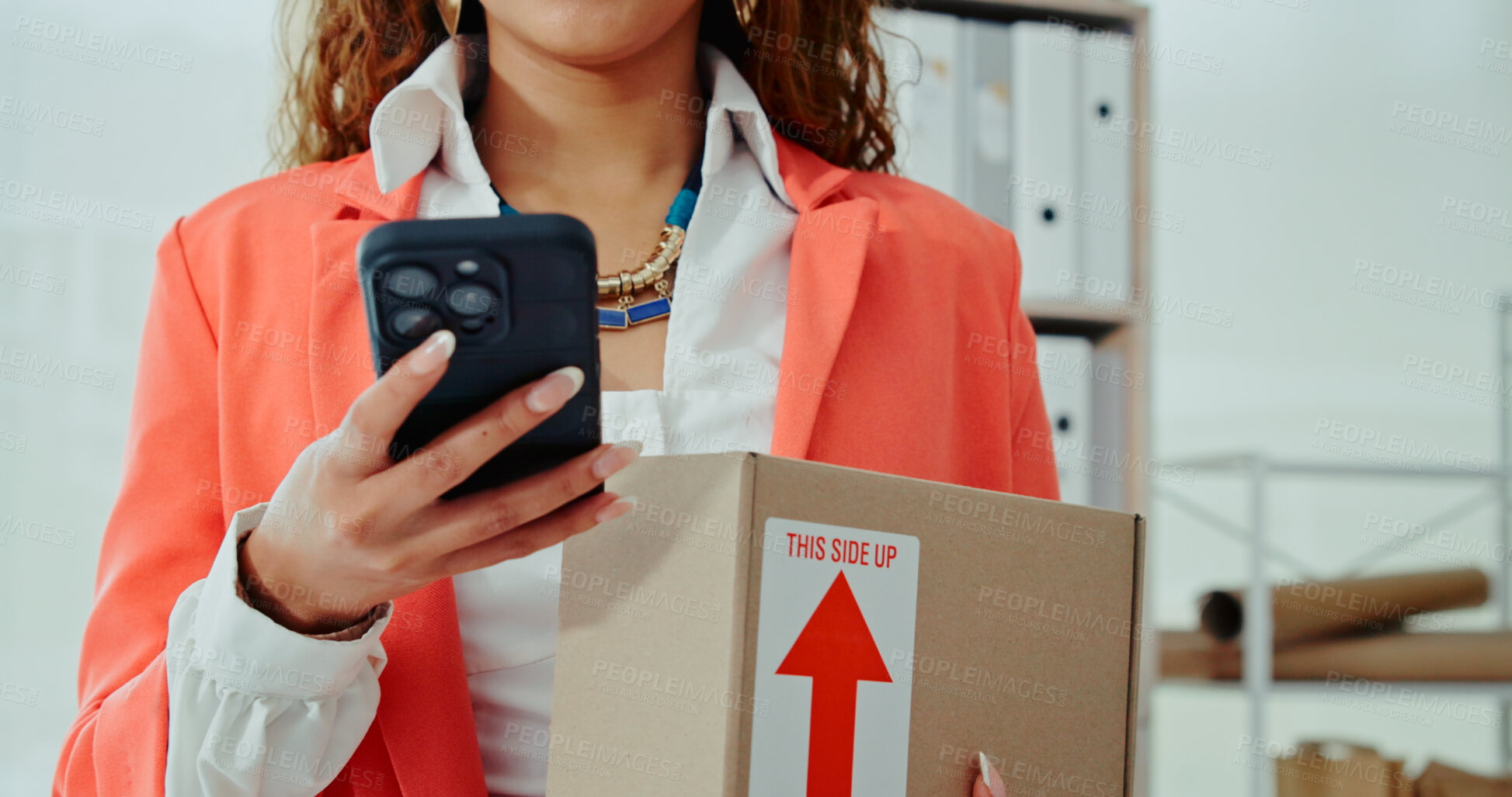 Buy stock photo Business woman, hands and box with phone in logistics for online order, delivery or courier service at warehouse. Closeup, female person or distributor on mobile smartphone for package or shipment