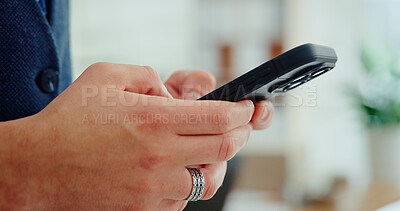 Buy stock photo Person, hands and typing with phone for app, online chatting or communication at office. Closeup, user or business employee on mobile smartphone for research, browsing network or texting at workplace