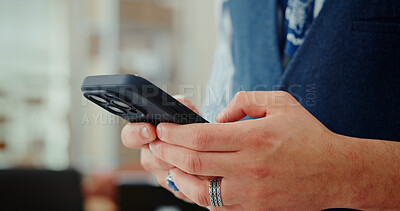 Buy stock photo Businessman, hands and typing with phone for app, online chatting or texting at office. Closeup, man or employee with mobile smartphone for research, browsing network or communication at workplace