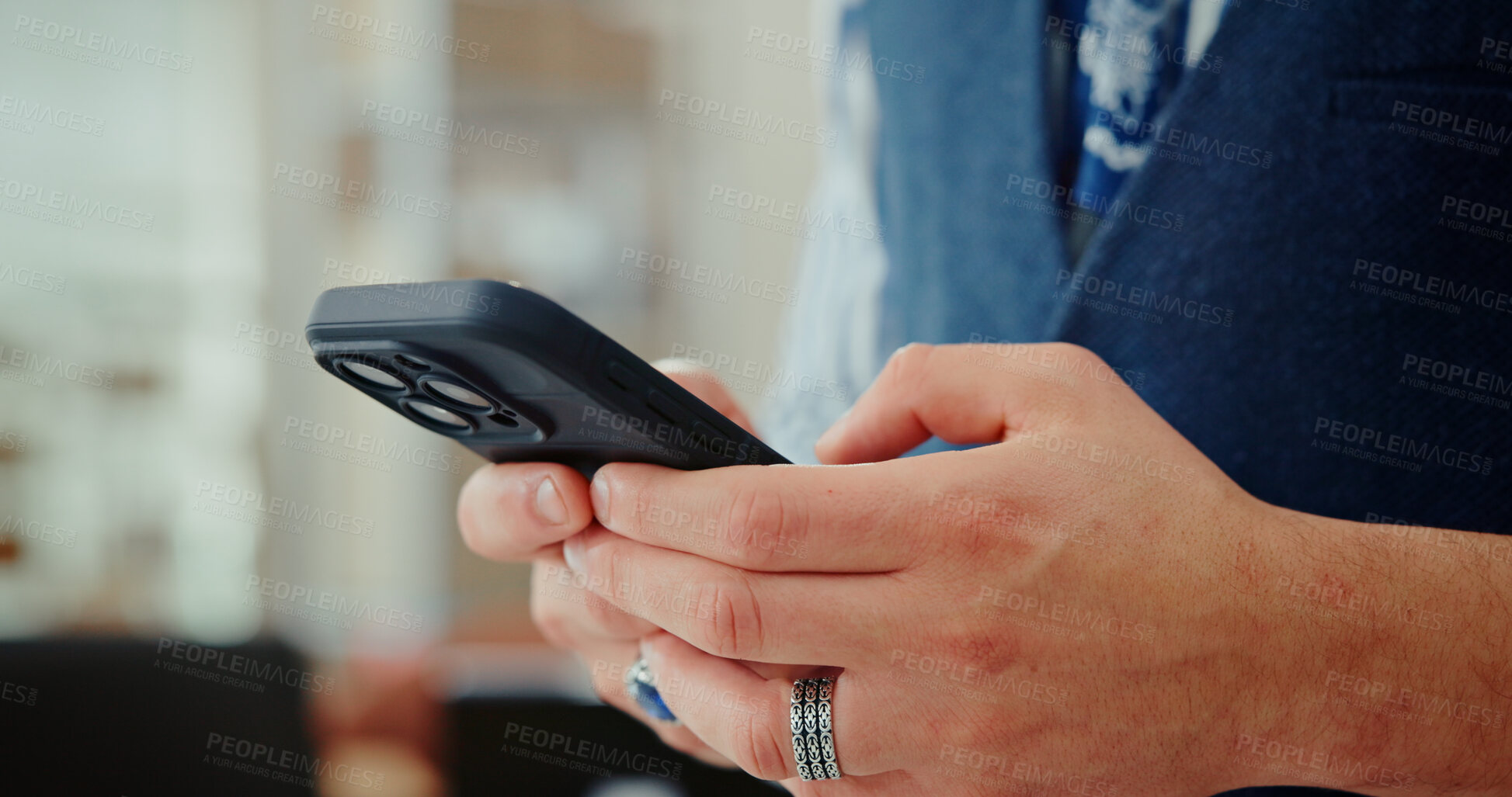 Buy stock photo Businessman, hands and typing with phone for app, online chatting or texting at office. Closeup, man or employee with mobile smartphone for research, browsing network or communication at workplace