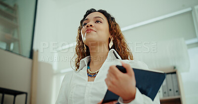 Buy stock photo Business woman, tablet and walking as hr consultant in company or office for recruitment process. Female person, low angle and smile on technology for management or schedule in human resources agency