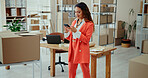 Delivery, supply chain and woman on smartphone for shipping, distribution and small business courier service. Ecommerce, quality control and worker with email for online shopping, logistics and order