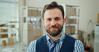 Buy stock photo Happy man, portrait and distributor with boxes in storage for inventory, logistics or courier service at warehouse. Young, male person or smile for stock distribution or export and import business