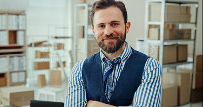 Buy stock photo Happy man, portrait and distributor with storage in logistics for inventory, stock or courier service at warehouse. Young, male person or smile with confidence for small business or distribution shop