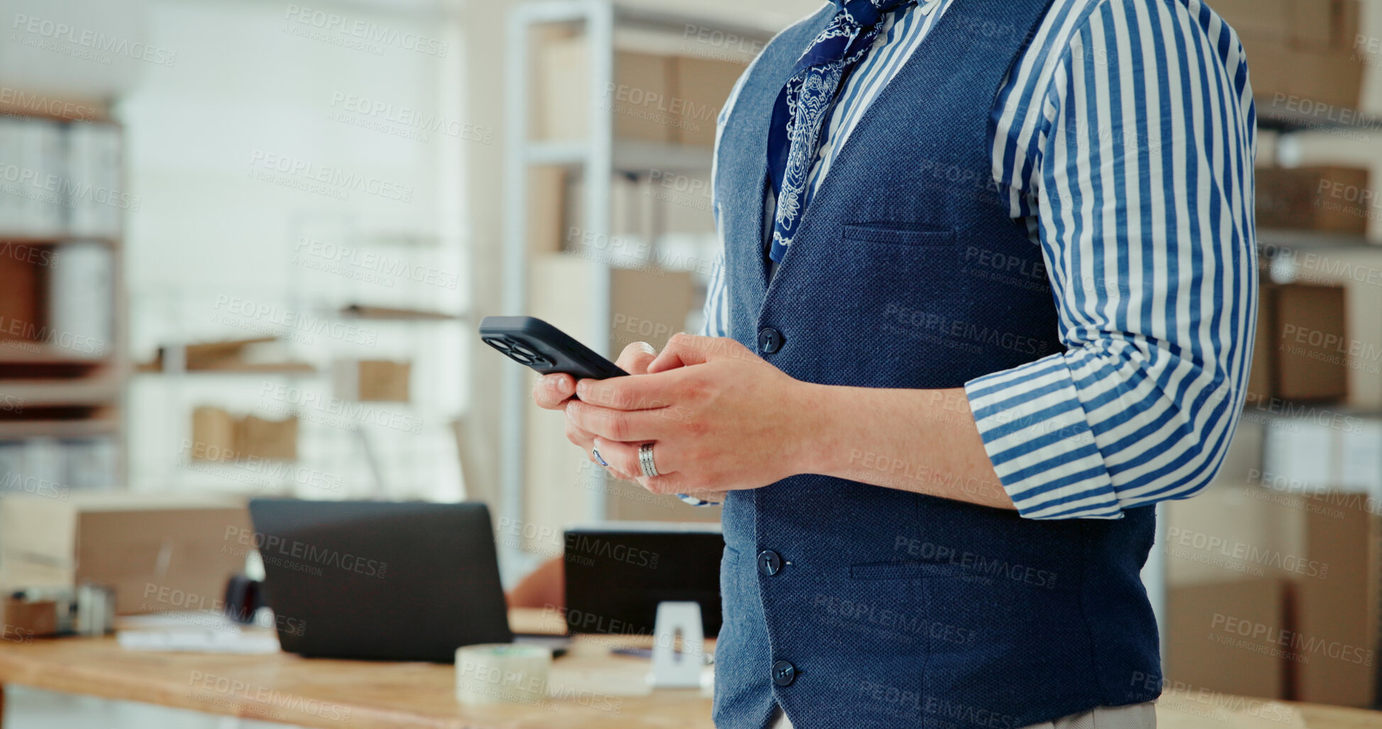 Buy stock photo Businessman, hands or typing with phone in logistics for supply chain, online distribution or courier services at office. Closeup, man or employee on mobile smartphone for communication, app or order