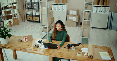 Buy stock photo Ecommerce, supply chain and woman on laptop for shipping, distribution and small business courier service. Delivery, quality control and worker with email for online shopping, logistics and order