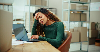 Buy stock photo Frustrated woman, laptop and headache with mistake for logistics, transport inflation or complex tax structure. Upset, female person or distributor with stress or anxiety at warehouse for labor costs