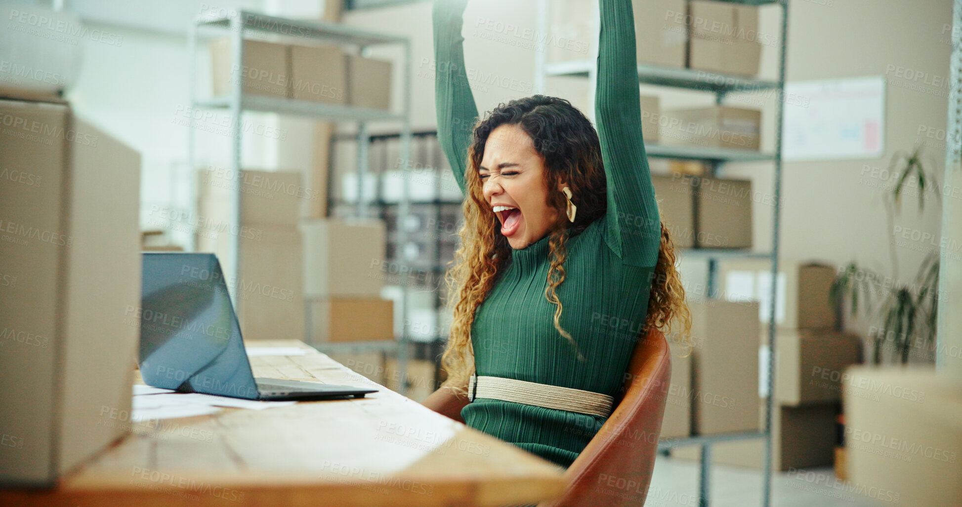 Buy stock photo Excited woman, laptop and winning with good news in logistics for promotion, sale or order at warehouse. Happy, female person or distributor with surprise for notification, prize or stock at store