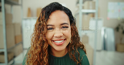 Buy stock photo Woman, smile and portrait in warehouse with boxes, pride and career with logistics, stock or cargo. Person, happy and excited at plant with package, shelf and inventory for supply chain in Costa Rica