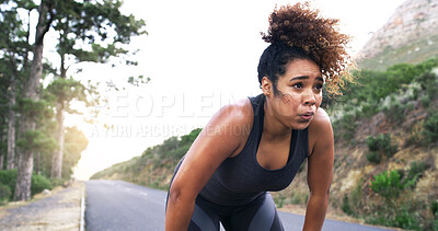 Buy stock photo Woman, runner and tired in road, nature and breathing with sweat, break and training for fitness in summer. Girl, fatigue and burnout with exercise, workout and outdoor by mountains in Costa Rica