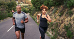 Couple, runner and road in nature with training, speed and outdoor with progress, fitness and wellness. Woman, man and partnership with workout, exercise and challenge by mountains in Costa Rica