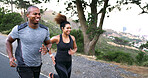 Happy couple, runner and road in nature with training, speed or outdoor with progress, fitness and wellness. Woman, man and partnership with workout, exercise or challenge with teamwork in Costa Rica