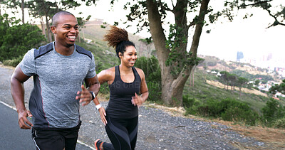 Buy stock photo Happy couple, runner and road in nature with training, speed or outdoor with progress, fitness and wellness. Woman, man and partnership with workout, exercise or challenge with teamwork in Costa Rica