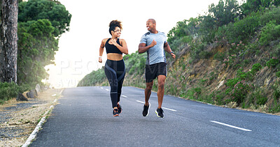 Buy stock photo Happy couple, runner and outdoor on road in nature with training, speed or laugh for funny memory in summer. Woman, man and partnership with workout, exercise or challenge with teamwork in Costa Rica