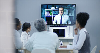 Buy stock photo Online meeting, business people and video conference for planning, feedback and monitor in office. Group, employees and coworkers with tv, conversation and review for project, communication and talk