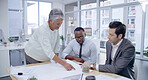 Architecture, business people and team meeting, discussion or planning with paper strategy in creative startup. Group, manager or brainstorming ideas for construction project, renovation or blueprint