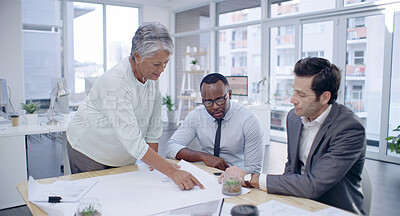 Buy stock photo Architecture, business people and team meeting, discussion or planning with paper strategy in creative startup. Group, manager or brainstorming ideas for construction project, renovation or blueprint