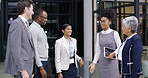 Business people, talking and outdoor with meeting, tech and discussion of corporate finance group. Patio, accounting and diversity of management team with planning and smile from collaboration