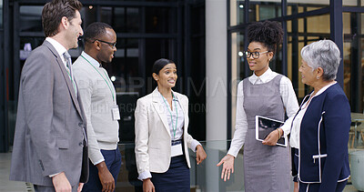 Buy stock photo Business people, talking and outdoor with meeting, tech and discussion of corporate finance group. Patio, accounting and diversity of management team with planning and smile from collaboration