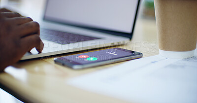 Buy stock photo Phone call, screen and hands of business person for communication, contact and consultant. Laptop, typing and networking with closeup of employee and mobile at desk for ui, technology and connection