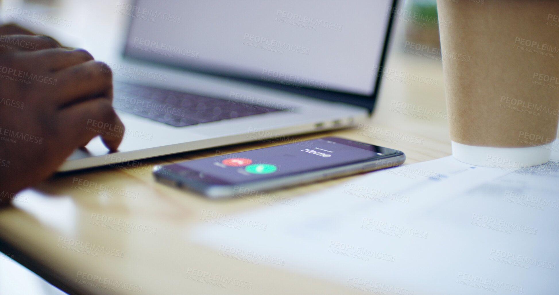 Buy stock photo Phone call, screen and hands of business person for communication, contact and consultant. Laptop, typing and networking with closeup of employee and mobile at desk for ui, technology and connection