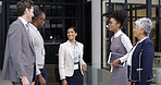 Business people, talk and outdoor with meeting, tech and discussion of corporate finance merger. Patio, accounting and diversity of management team with planning, tablet and smile from collaboration