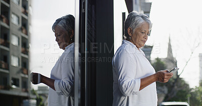 Buy stock photo Business, mature woman and phone in city for text message, checking notification and communication. Professional person, break and reading with smartphone by outdoor building for mobile chat or email