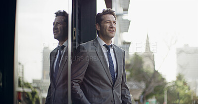 Buy stock photo Businessman, ceo and thinking with balcony in real estate agency for ideas, planning and company. Developer, brainstorming and goal with future growth, realtor and professional in office building