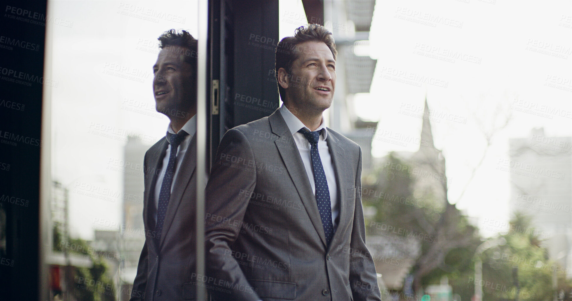 Buy stock photo Businessman, ceo and thinking with balcony in real estate agency for ideas, planning and company. Developer, brainstorming and goal with future growth, realtor and professional in office building