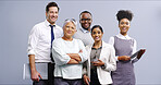 Business people, portrait and studio for team solidarity, collaboration and tech on gray background. Employees, diversity and support staff in company, united group and together for finance mission