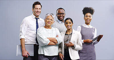 Buy stock photo Business people, portrait and studio for team solidarity, collaboration and tech on gray background. Employees, diversity and support staff in company, united group and together for finance mission