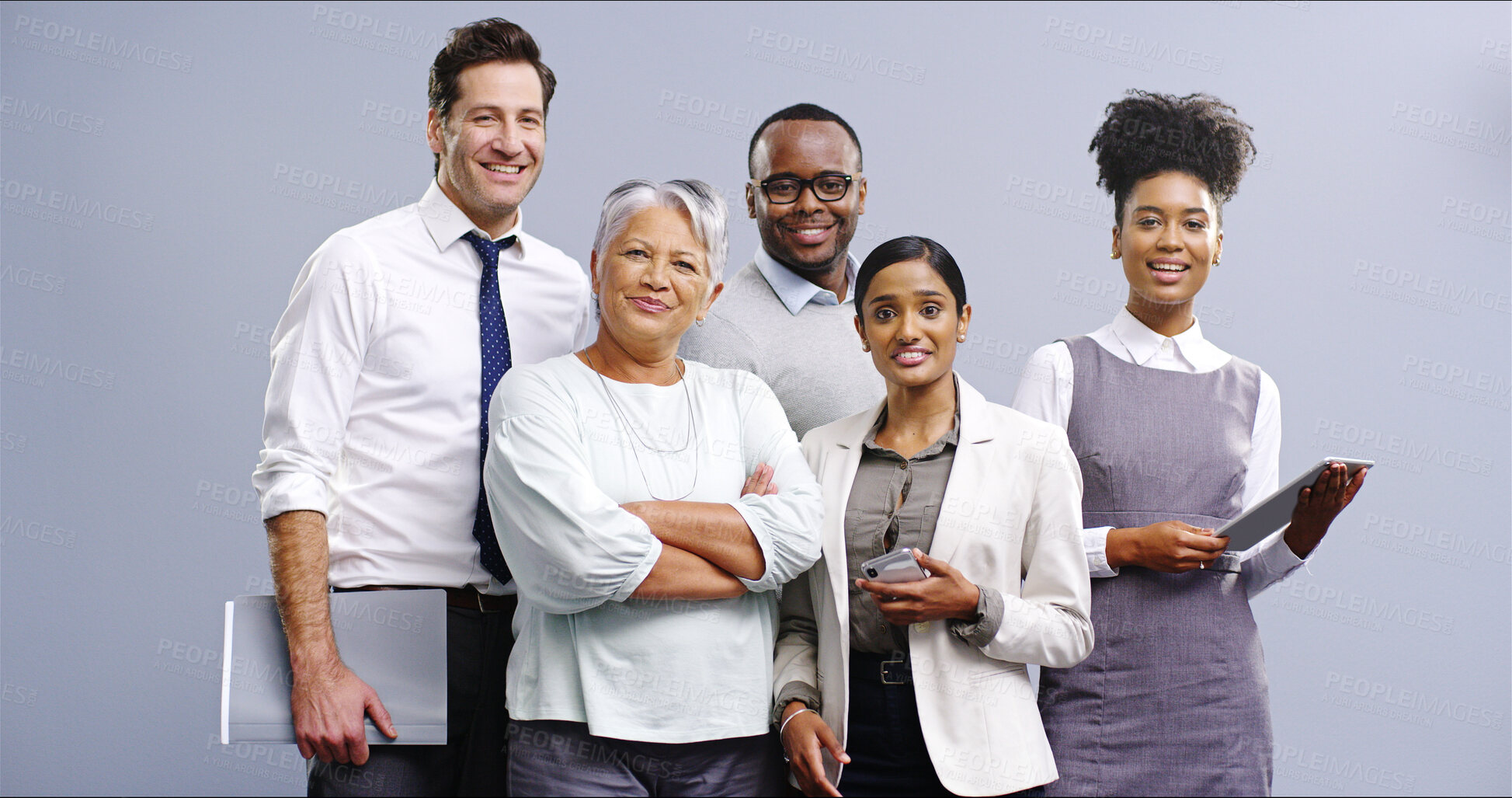 Buy stock photo Business people, portrait and studio for team solidarity, collaboration and tech on gray background. Employees, diversity and support staff in company, united group and together for finance mission