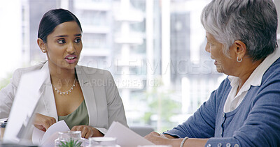 Buy stock photo Business women, documents and discussion in boardroom with report, team and review at company. People, mentor and talk with project, feedback and research for risk management at insurance agency