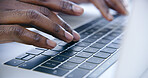 Hands, typing and laptop with business person, online and digital calendar with closeup. Internet, writing and worker research with notes, report and planning work agenda with technology at job