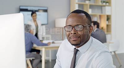 Buy stock photo Man, glasses and reading on computer for business, budget review and email contact in startup office. Accountant, tech and research in company for productivity, fund allocation and online banking