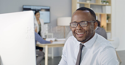 Buy stock photo Happy man, glasses and reading on computer for business, budget review and pleases with startup growth in office. Accountant, tech and smile in company for productivity, investment and online banking
