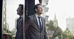 Building, city and business man with thinking of legal opportunity, career vision and future plan. Professional, lawyer and thoughtful with smile at urban law firm for case inspiration and confidence