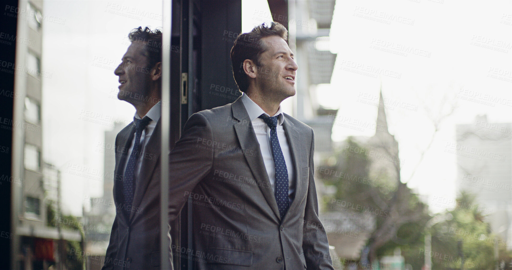 Buy stock photo Building, city and business man with thinking of legal opportunity, career vision and future plan. Professional, lawyer and thoughtful with smile at urban law firm for case inspiration and confidence