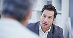 Business, man or people in office for meeting, job interview or collaboration in industry. Corporate person, discussion or negotiation in workplace for partnership, investment opportunity or planning