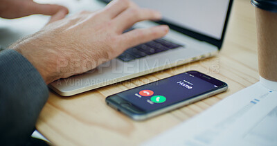 Buy stock photo Phone call, screen and hands of person in office for communication, contact and consultant. Laptop, typing and networking with closeup of employee and mobile at desk for ui, technology and connection