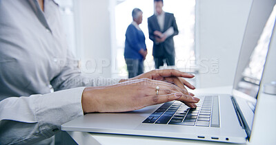 Buy stock photo Hands, typing and laptop with business woman, online and digital calendar check at office desk. Internet, writing and research with notes, report and planning work agenda with technology at job