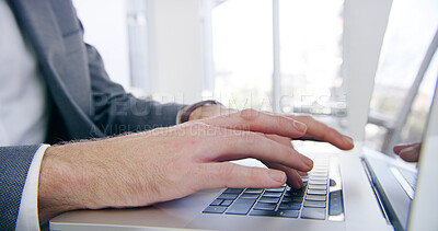 Buy stock photo Hands, typing and laptop in office with business person, online and digital calendar check at desk. Internet, writing and research with notes, report and planning work agenda with technology at job