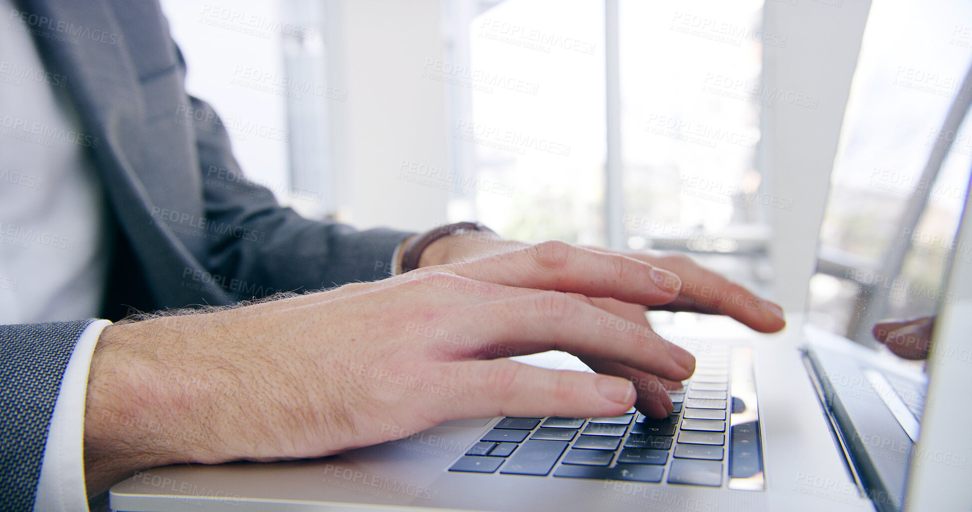 Buy stock photo Hands, typing and laptop in office with business person, online and digital calendar check at desk. Internet, writing and research with notes, report and planning work agenda with technology at job