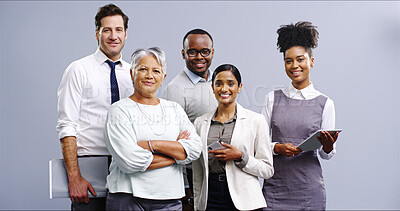 Buy stock photo Business people, portrait and studio for group solidarity, collaboration and tech on gray background. Employees, diversity and support staff in company, about us and together for finance mission