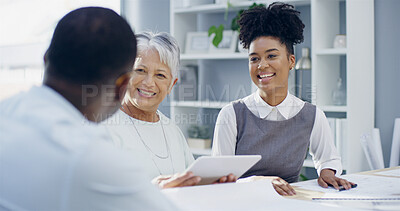 Buy stock photo Tablet, happy business people and group meeting, planning and mentor in discussion in creative startup. Team, technology and mature manager coaching intern for help, ideas and social media campaign