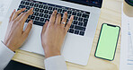 Hands, typing and laptop with phone and green screen in office with business woman at desk. Internet, mockup and mobile notification from above with report and email with technology and web search