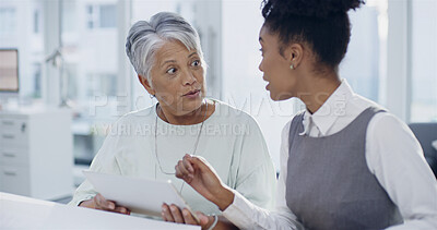 Buy stock photo Business women, tablet and discussion in boardroom with report, team and review at company. People, mentor and touchscreen with project, feedback and research for risk management at insurance agency