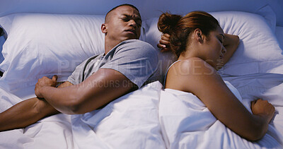 Buy stock photo Couple, fight and bed with man, thinking and marriage doubt for argument or snoring. Insomnia, mad and conflict of African people with divorce, breakup or noise problem in home together in bedroom