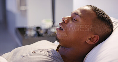 Buy stock photo Black man, sleeping and tired in home on bed for relax, comfortable and rest with peace on weekend.  Male person, fatigue and exhausted in apartment for break, nap and dream with lazy, cozy and calm