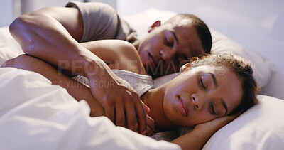 Buy stock photo Couple, hug and sleeping in bed at house for relax, love and fatigue together with rest, break and night. Man, woman and cuddle in home bedroom for comfort, exhausted or tired on weekend with pillow
